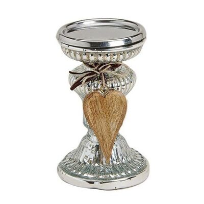 Glass candle holder with wooden heart pendant silver (W / H / D) 10x16x10cm Ø10cm