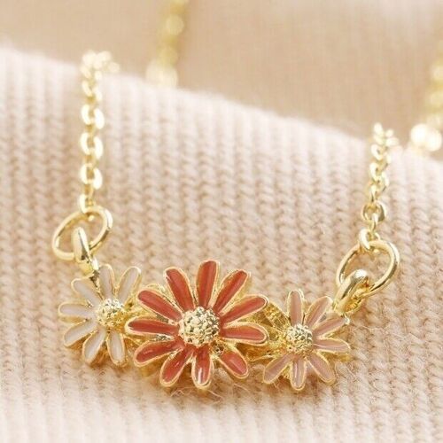 Triple Enamel Flower Pendant Necklace in Gold