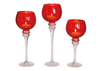 Set de lanternes calice craquelé rouge, 30, 35, 40cm x Ø13cm, en verre, lot de 3 1