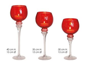 Set de lanternes calice craquelé rouge, 30, 35, 40cm x Ø13cm, en verre, lot de 3 2