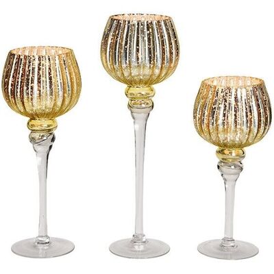 Windlicht Set Kelch geriffelt,   30, 35, 40 cm x Ø13cm aus Glas Gold 3er Set