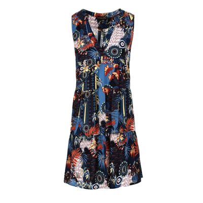 Robe trapèze sans manches à imprimé floral bleu marine