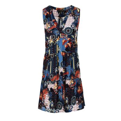 Ärmelloses A-Linien-Kleid mit marineblauem Flora-Print