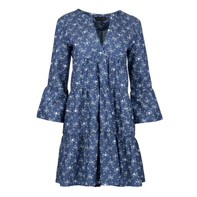 Indigo Floral A Line Dress with Bell Sleeves