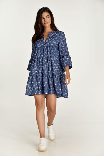 Robe ligne A à fleurs indigo avec manches cloche 2