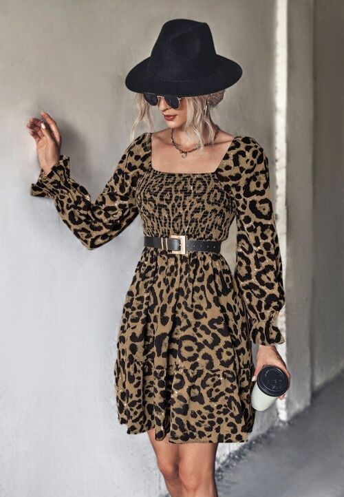 Square Neck Leopard Print Dress-Brown