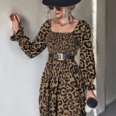 Square Neck Leopard Print Dress-Brown