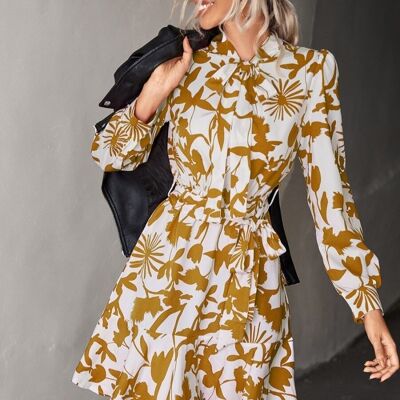 Tie Neck Floral Dress-Yellow