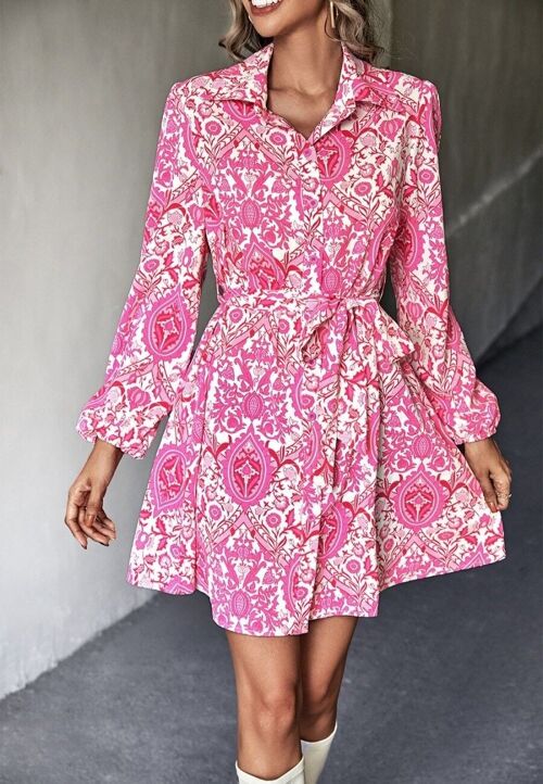 Paisley Print Button Down Dress-Pink
