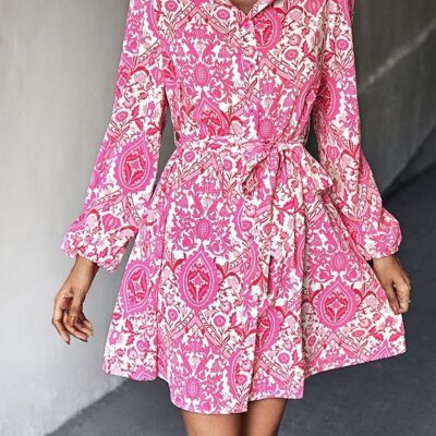Paisley Print Button Down Dress-Pink