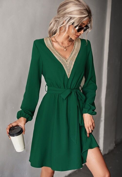 V Neck Crochet Detail Dress-Green