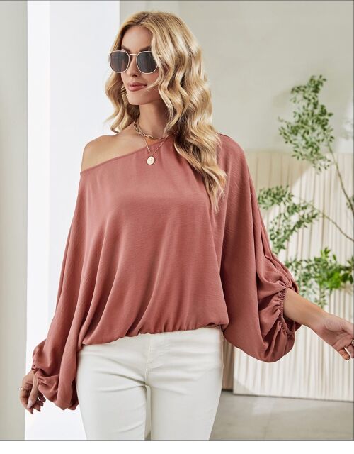 One Shoulder Dolman Sleeve Sweater-Mauve Pink