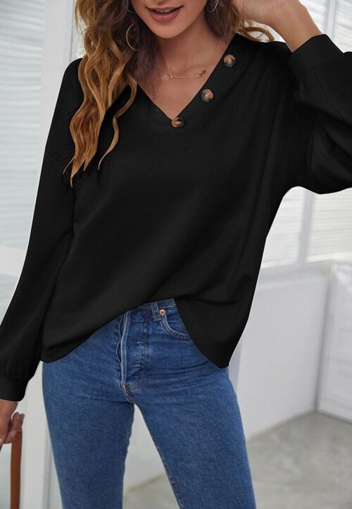 Solid Contrast Button Detail Sweater-Black