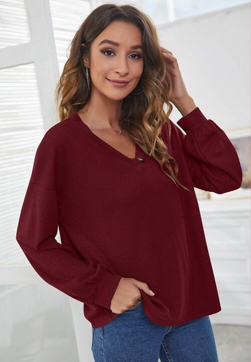 Solid Contrast Button Detail Sweater-Burgundy
