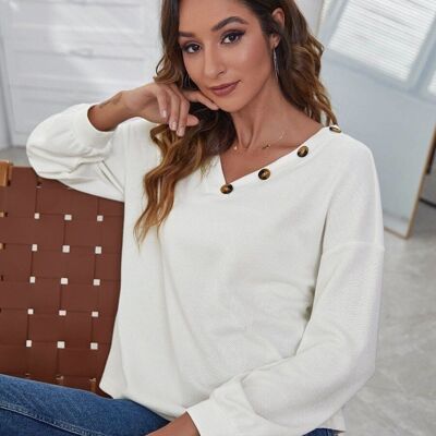 Pullover mit festem Kontrast und Knopfdetail-Weiß