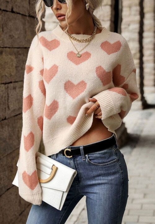 Heart Print Drop Shoulder Sweater-Pink