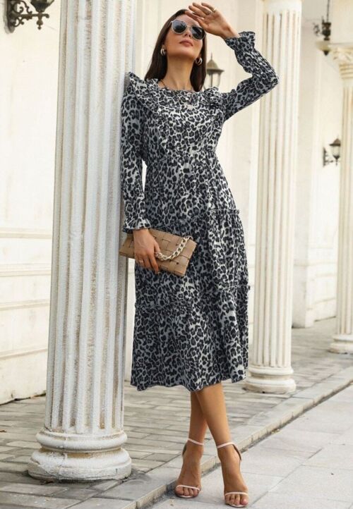 Leopard Print Ruffle Front Dress-Gray