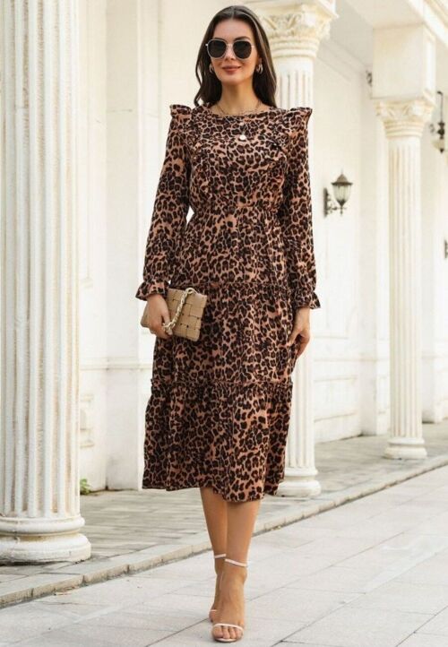 Leopard Print Ruffle Front Dress-Brown