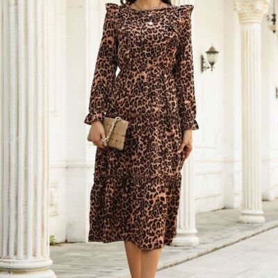 Kleid mit Rüschen vorne und Leopardenmuster-Braun