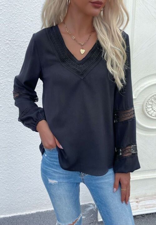 V Neck Crochet Detail Blouse-Black