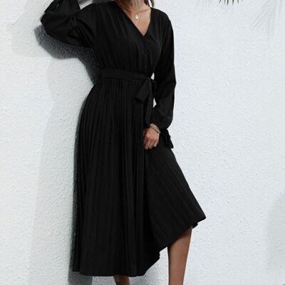 Sleeve Cutout Pleated Dress-Black