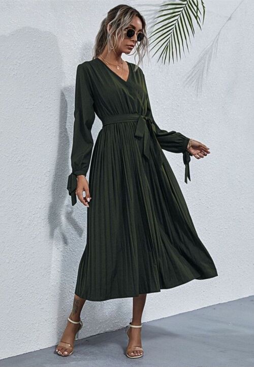 Sleeve Cutout Pleated Dress-Olive Green
