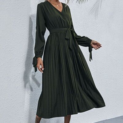 Sleeve Cutout Pleated Dress-Olive Green
