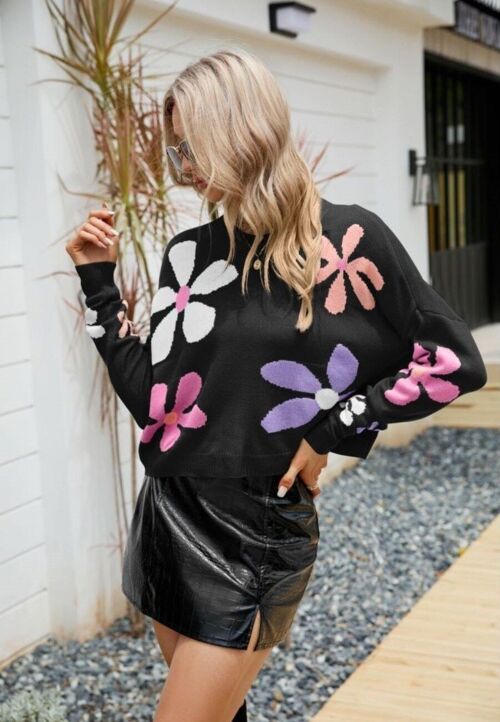 Multicolor Floral Print Sweater-Black