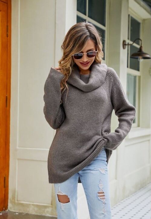 Loose Turtleneck Knit Sweater-Gray