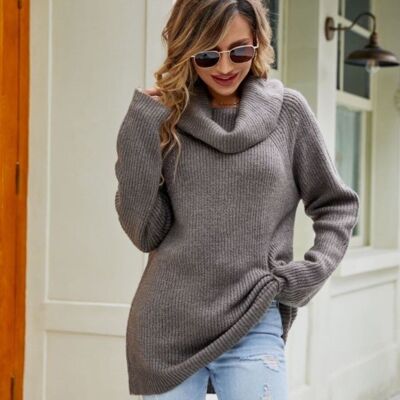 Maglione in maglia a collo alto largo-grigio