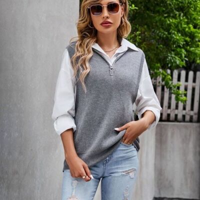Solid Color Zip-Up Sweatervest-Gray