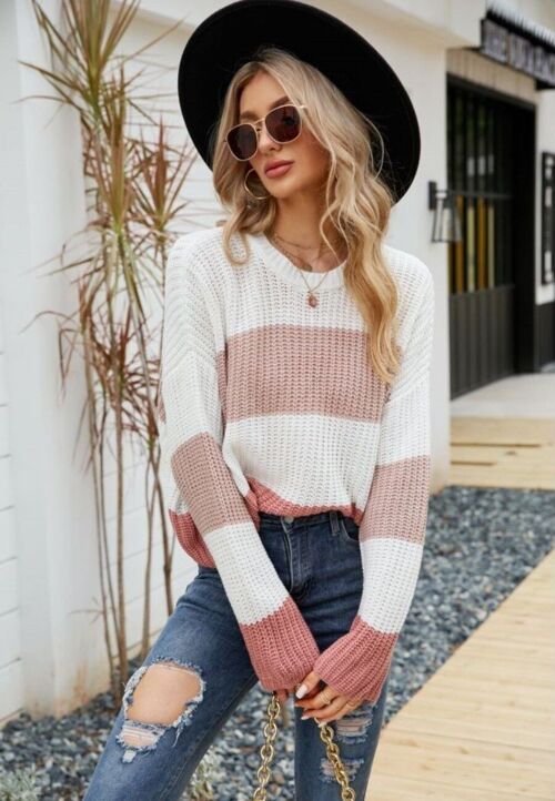 Textured Knit Striped Basic Sweater-Pink
