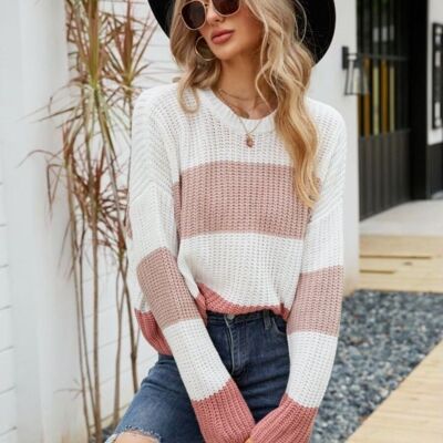 Pull basique rayé en tricot texturé-Rose
