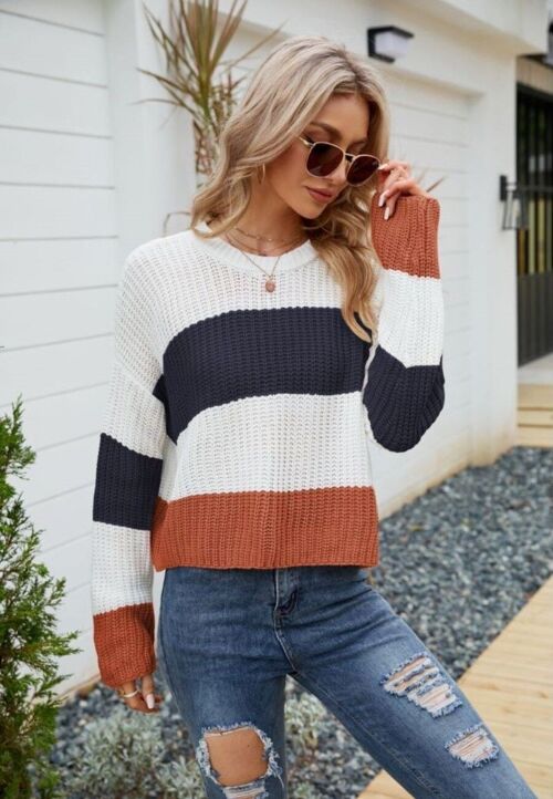 Textured Knit Striped Basic Sweater-Rustic Red