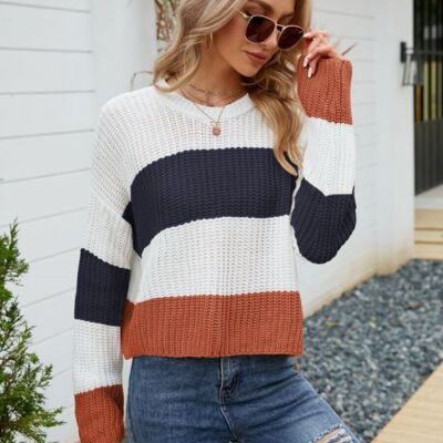 Textured Knit Striped Basic Sweater-Rustic Red