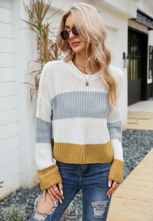 Textured Knit Striped Basic Sweater-White