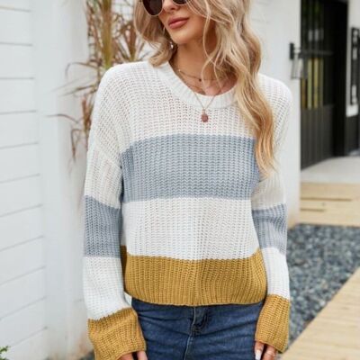 Textured Knit Striped Basic Sweater-White