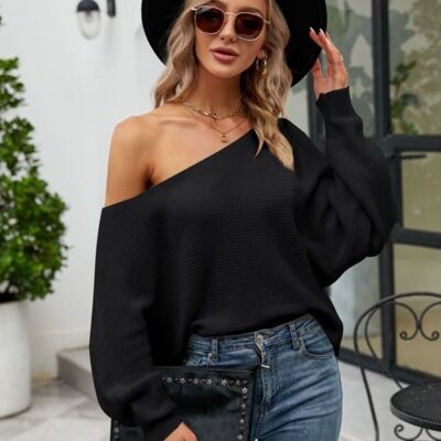 Solid Color One Shoulder Sweater-Black