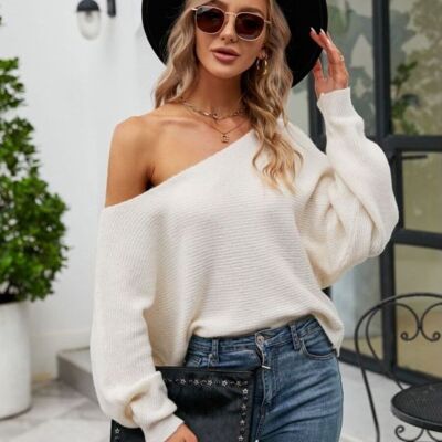 Solid Color One Shoulder Sweater-White