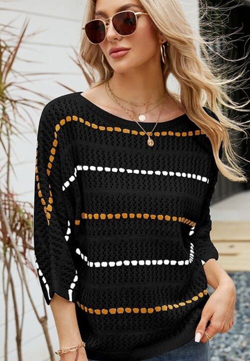 Striped Knit Three Quarter Sleeve Sweater-Black