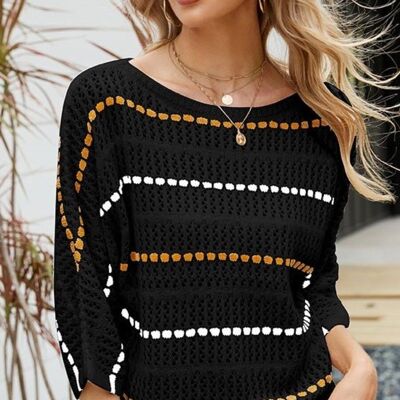 Striped Knit Three Quarter Sleeve Sweater-Black