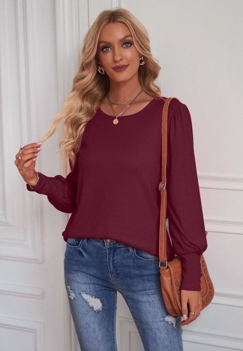 Solid Color Button Cuff Blouse-Burgundy