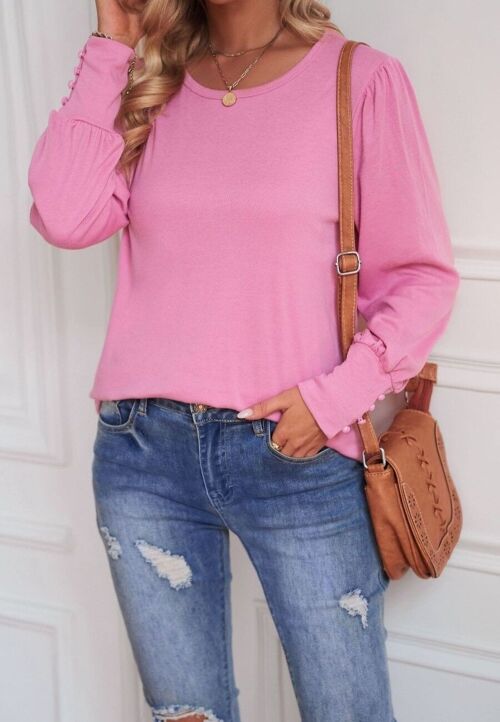 Solid Color Button Cuff Blouse-Pink