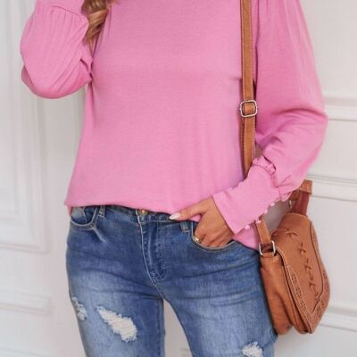 Einfarbige Bluse mit Knopfmanschetten-Pink