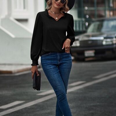 Ruffle Neck Shirred Cuff Sweater-Black