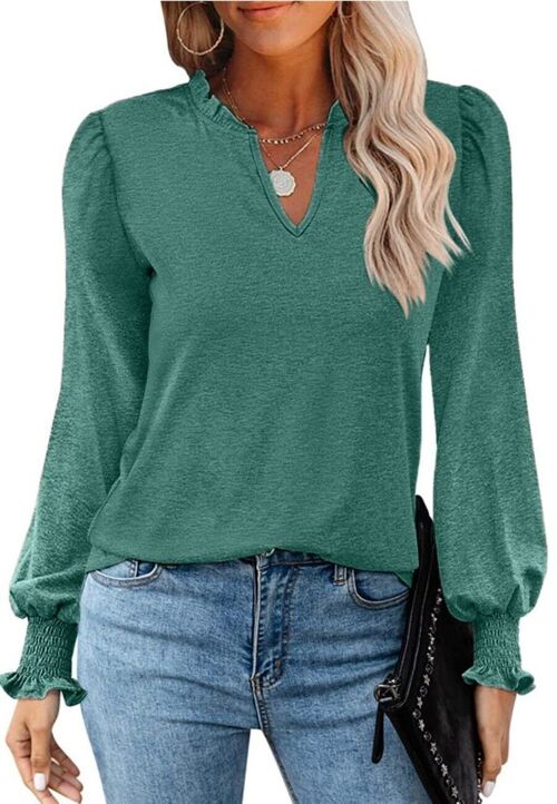 Ruffle Neck Shirred Cuff Sweater-Green