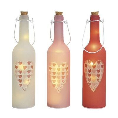 Glass bottle 5 LED, heart decor, 3-way assorted, W30 x H7 cm