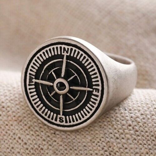 Men's Black Gem Compass Stainless Steel Ring