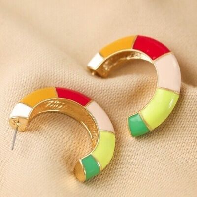 Colourful Enamel Striped Hoop Earrings in Gold