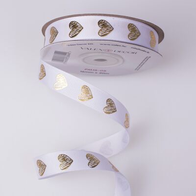 Grossgrain ribbon with golden hearts 16mm x 20m - White